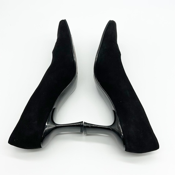Stuart Weitzman Black Suede Heels Women's 7.5 B Patent Heel Square Toe - Picture 5 of 9